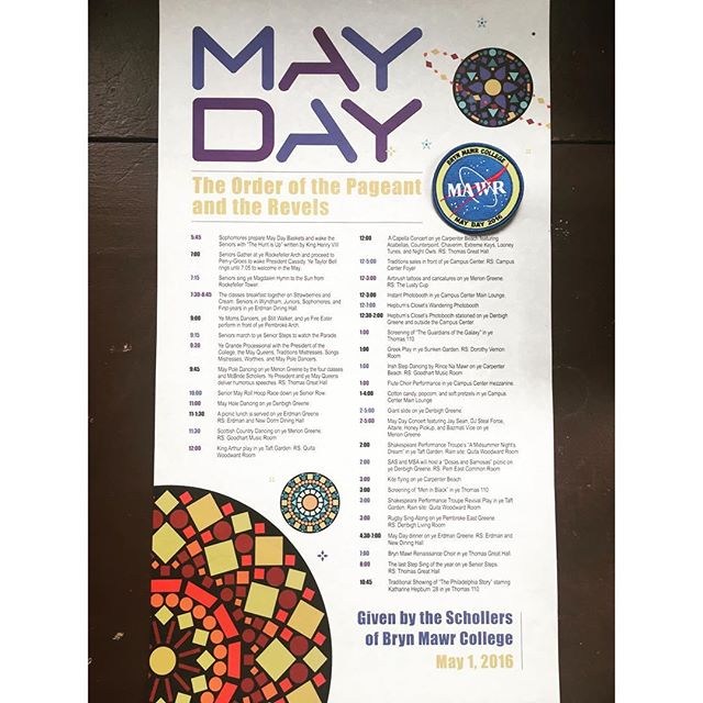 Scrolls: Each student receives a May Day scroll of the schedule of events in their campus mailbox the Friday before May Day. The schedule of events and guest performers are always a surprise revealed when we read our scrolls. Each May Day also has a theme. This year's theme was Outer Space. We also received a NASA styled patch this year. The Night Before: Mawrters can make flower crowns in the Campus Center. Haverfest also happens Friday and Saturday. Seniors deliver May Day gifts to their beloved underclassmen. Some of these items have been passed down for years. The senior will write their name and class year, and the name and class year of the underclassman receiving the gift. I've gotten crazy gifts before like a pink wig and a cardboard lawn watch dog.